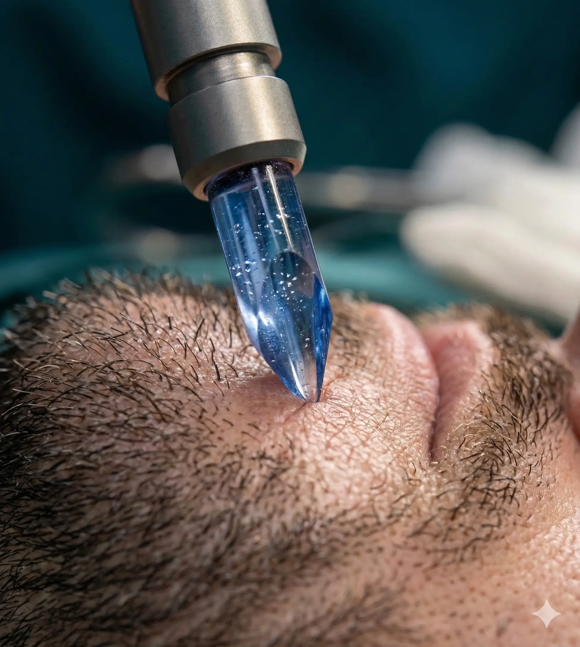 Close-up of sapphire beard transplant procedure at HM Hair Transplantation
